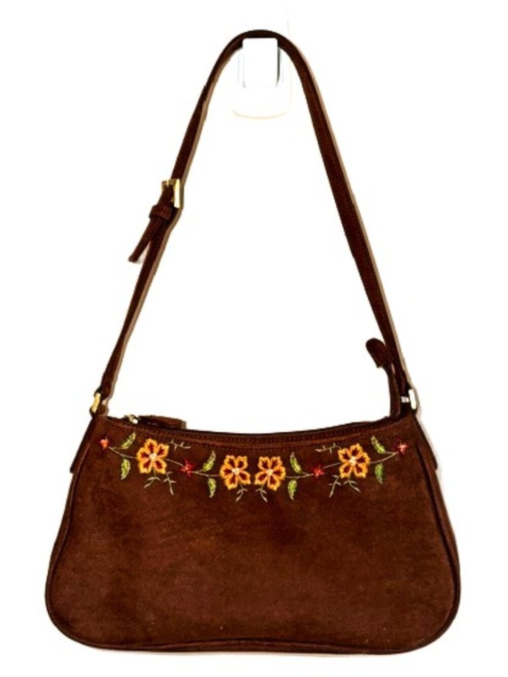 Crazy Horse Liz Claiborne Brown Faux Suede Floral Embroidered Y2K Bag